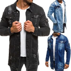 Chaquetas para hombres Primavera y otoño Chaqueta vaquera rasgada de longitud media para hombres con agujero Mendigo Hombres Ropa para hombresHombres