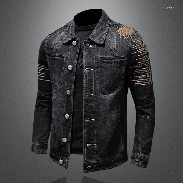 Vestes pour hommes Printemps Automne Denim Manteau Hommes Haute Qualité Vintage Brodé Noir Veste Biker