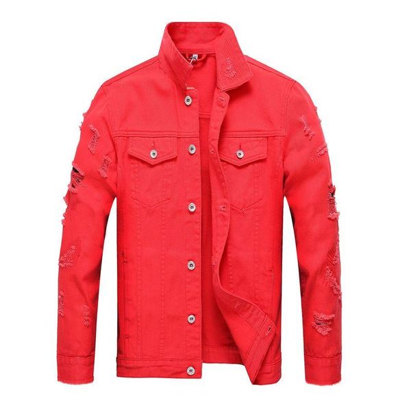 Chaquetas para hombres Primavera Otoño Hombres Rasgados Denim Outerwear Jean Abrigos Hombres Agujeros Rojo Rosa Negro Blanco Slim CoatMen's