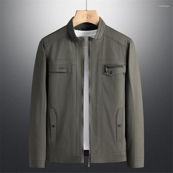 Chaquetas de los hombres Primavera Otoño Hombres Chaqueta militar Abrigo Moda masculina Casual Slim Fit Stand Collar Verde