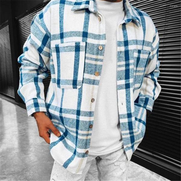 Chaquetas para hombres Primavera Otoño Camisa para hombres Cuello vuelto Mezcla de algodón Manga larga Botones a cuadros Abrigo Casual Ropa informal suelta Ropa para hombre