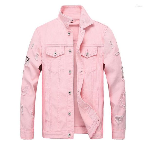 Chaquetas para hombres Primavera Otoño Pink Ripped Denim Streetwear Casual Moda Agujeros Slim Jeans Ropa de abrigo para hombre