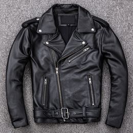 Men S Jackets Spring Classical Motorcycle schuine ritsjagers Leer Natuurlijke kalf Skin Dik slanke koehide Moto Biker Man 230314