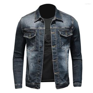 Vestes pour hommes printemps veste en jean coton élastique col rabattu manches longues coupe ajustée robe gris bleu haut hommes