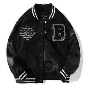 Herenjassen lente herfst stiksel lederen mouw bomber jas brief geborduurd zwart honkbal uniform mannen vrouwen paar casual streetwear 230213