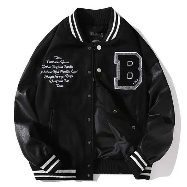 Chaquetas para hombres Primavera Otoño Costura Manga de cuero Chaqueta de bombardero Letra bordada Uniforme de béisbol negro Hombres Mujeres Pareja Casual Streetwear J230821