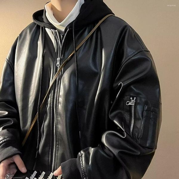 Vestes pour hommes printemps hommes en cuir PU à capuche Hip Hop couleur unie décontracté homme manteaux lâche mâle fermeture éclair moto veste