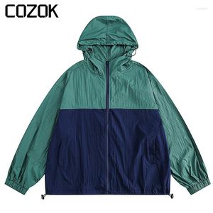 Herenjacks Spring Patchwork Hooded Varsity Jacket Men Japanse zonnebrand Sport Loose Vintage Casual Coat Wind Break Unisex 2023