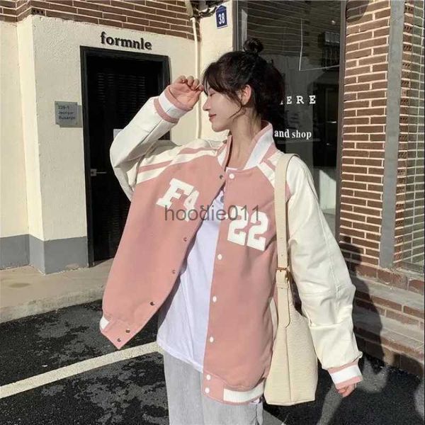 Chaquetas para hombres Primavera Rosa Chaqueta de béisbol Mujeres Y2K Harajuku Casual Impreso Coreano Oversize Bomber Uniforme Streetwear Mangas largas Top L230925