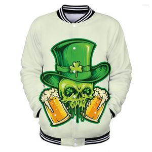 Herenjacks St.Patrick's Day Skull en twee biertjes 3D -geprinte honkbaluniform mannen dames jas jas jas streetwear hiphop casual