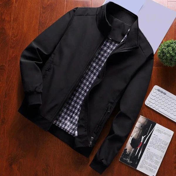 Chaquetas para hombre, cuello alto, manga larga, bolsillos, tapeta con cremallera, chaqueta de otoño, abrigo informal de tipo fino para hombre de mediana edad