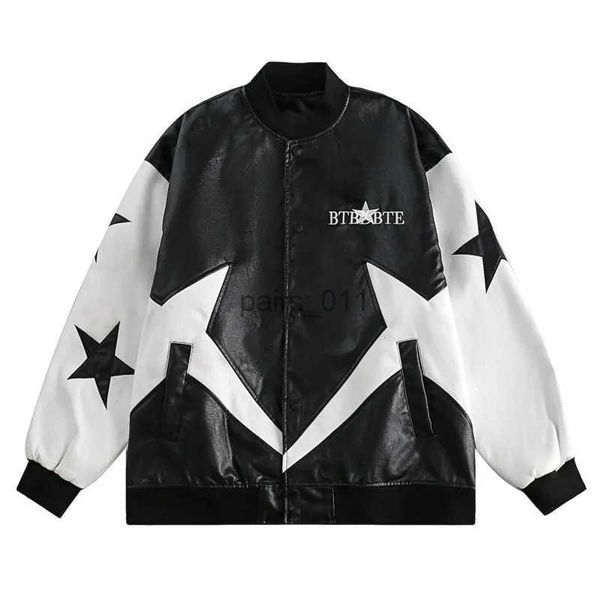 Chaquetas para hombres Estrella bordado parcheado PU chaqueta de cuero de los hombres ocasionales abrigo suelto pareja calle motocicleta uniforme de béisbol Chaquetas Hombre YQ231025