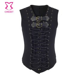 Mannen Jassen Steampunk Vest Mannen Pak Gilet Homme Zwarte Riem Gesp Lace Up Mouwloos Vest Jas Victoriaanse Gothic Vintage Corset 230714