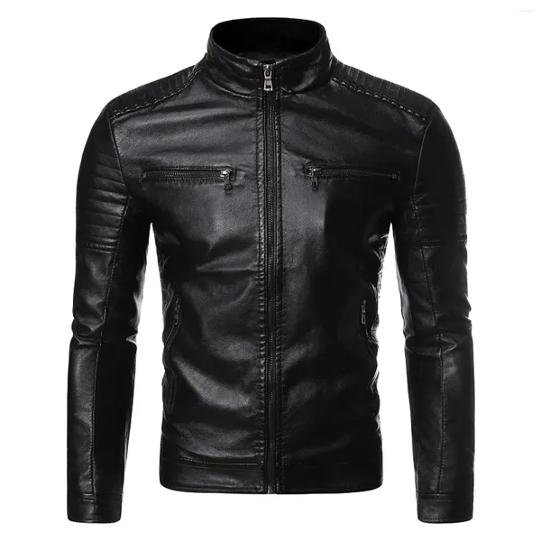 Chaquetas para hombres Street Trendy Chaqueta de cuero Hombres Invierno Casual Stand Collar Motocicleta Abrigo Cremallera Bolsillo Ropa delgada