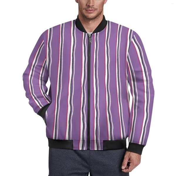 Vestes pour hommes imprimé rayé hiver violet et blanc manteaux décontractés modernes homme vêtements d'extérieur imperméables coupe-vent veste surdimensionnée personnalisée