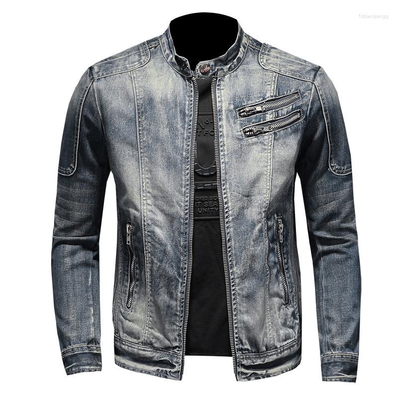 Men's Solid Color Denim Jacket with Zipper - Spring/Autumn men's outerwear for Motorcycle Enthusiasts