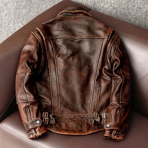 Vestes masculines Style Veste en cuir authentique Vintage Brown Cowhide Mabinet Men Slim Fashion Biker asiatique Taille 6xl Drop 230812