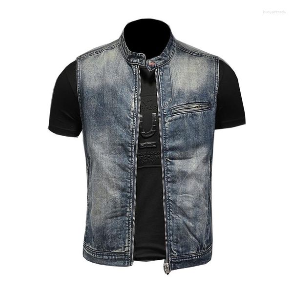 Chaquetas para hombres Verano 2023 Jeans retro Slim Cuello alto Cremallera Chaqueta de mezclilla sin mangas azul