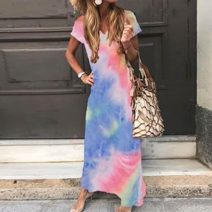 Vestes pour hommes Summer Beach Robe Femmes Tie Dye Print Boho 2021 Coton Lin Col V Manches courtes Longue Maxi Plus Taille 5XL # W3