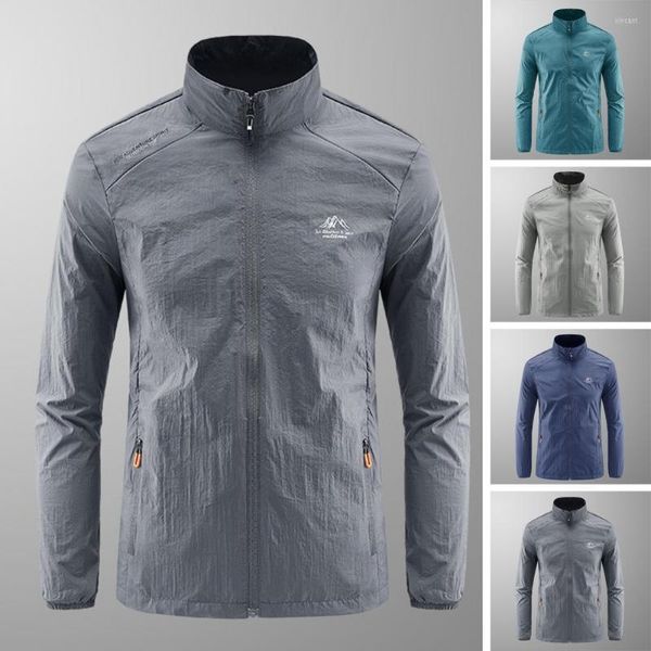 Chaquetas para hombre, ropa de protección solar, chaqueta deportiva de verano de secado rápido, bolsillos con cremallera, abrigo de manga larga, Anti-UV, transpirable, de seda helada para hombre