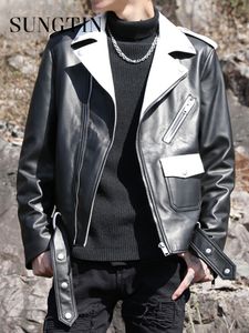 Sungtin marque moto PU veste en cuir pour hommes décontracté Patchwork Faux cuir vestes noir blanc lâche Streetwear manteaux 230509