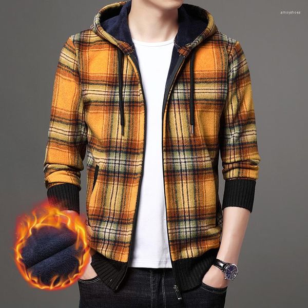 Hommes Vestes Sweat Marque De Mode Laine Baseball Cou Épais Velours Veste Décontractée À Capuche Plaid Cardigan Vêtements