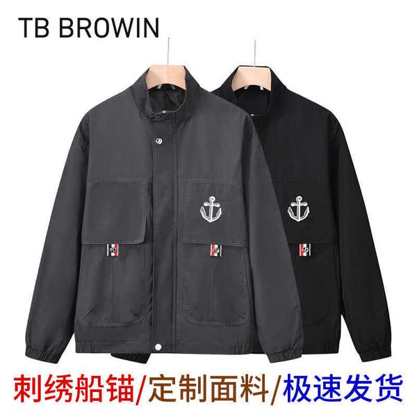 Vestes pour hommes TB Browin Nouvelle veste à col haut unisexe motif d'ancre de bateau multi-poches fermeture éclair manteau décontracté broderie