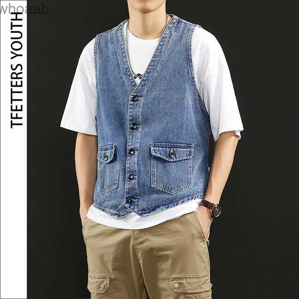 Vestes pour hommes TFETTERS Été Nouveau Denim Gilet Hommes Japonais Casual Lâche Lavé Vieux Manteau Sans Manches Mode Solide Couleur Sans Col Denim Veste YQ231207