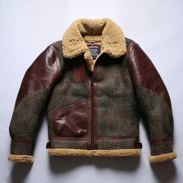 Vestes pour hommes épais Shearling B3 Bomber laine originale fourrure écologique marron vintage mâle en cuir véritable manteaux en peau de mouton vol 231108