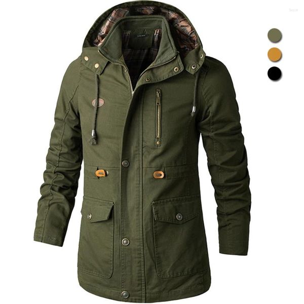 Chaquetas para hombre, ropa de trabajo fina, rompevientos con capucha para primavera y otoño, abrigos largos de trinchera holgada, chaqueta de carga informal con múltiples bolsillos de algodón