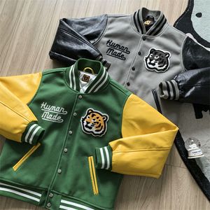 Chaquetas para hombres Tiger HUMAN MADE Chaquetas de béisbol Hombres Mujeres Manga de cuero Chaqueta bordada Harajuku Abrigo Grueso Casual Varsity Jacket Veste 230822