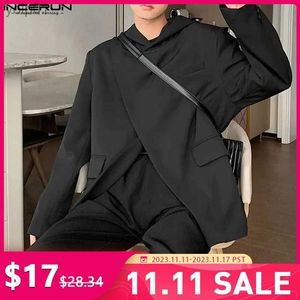 Vestes pour hommes Tops 2023 Style coréen Beaux nouveaux hommes à capuche Diagonal Placket Design Costume Solide Tout-match Casual Vente Chaude Blazer S-5XLL231115