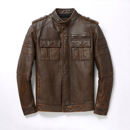 Heren Jackets Tough Guy Outfit Retro Leather Jacket Korte Top Layer Cowhide Made Old Yellow Bruine Motorcycle Suit 230814