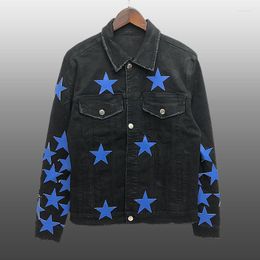 Vestes pour hommes Trendy Marque Cuir Star Couture Denim Veste pour hommes Mode Ripped Bouton Jean Outfit Manteau Streetwear Bleu