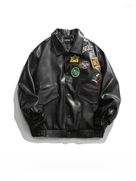 Vestes pour hommes TRENDY European American Street Badge Lapel Motorcycle Pu Leather printemps automne beau Hip Hop Casual Loose Coat