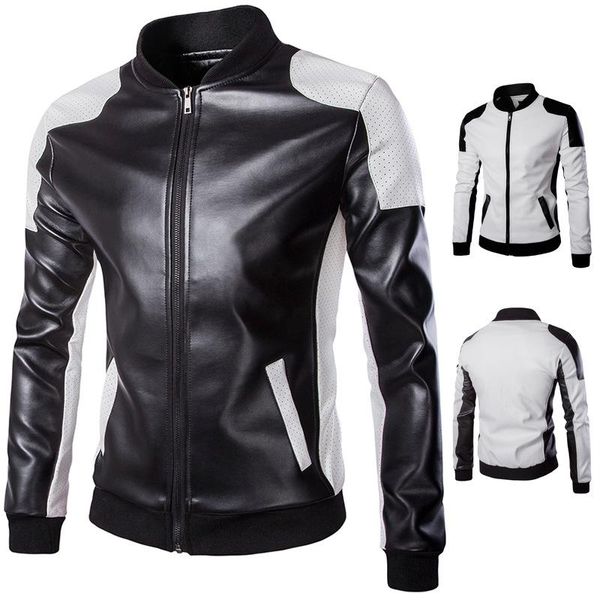 Vestes pour hommes Vêtements de course pour hommes à la mode Col montant Moto Cuir Street Noir et Blanc Couleur Correspondant Veste surdimensionnéeMen's