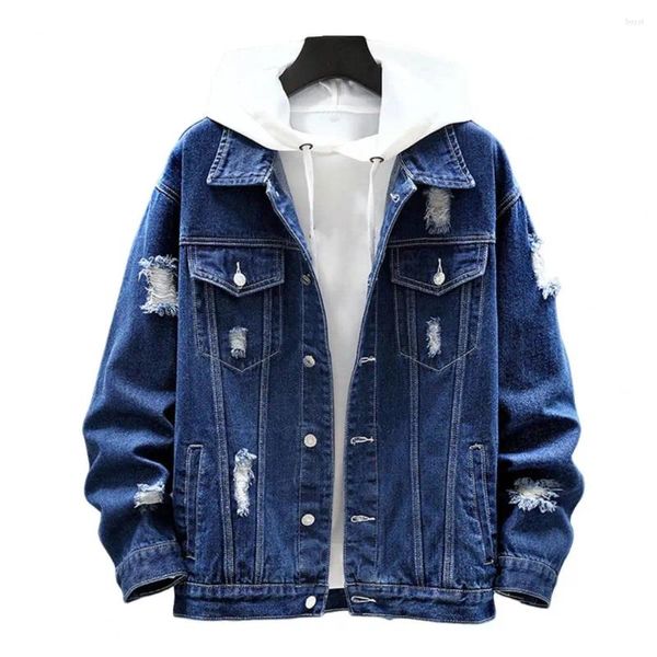 Chaquetas para hombres Abrigo de mezclilla para hombres de moda Chaqueta de jeans lavables rasgados Cuello suelto suelto