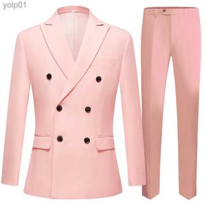 Herenjassen Set van twee stuks Rood met Blauw Jasje Broek Mode Heren Casual Boutique Double Breasted Effen Kleur Blazers Jas BroekL231115