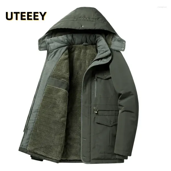 Chaquetas para hombres UETEEY Chaqueta de lana interior cálida de invierno para hombres Grueso con capucha A prueba de viento Al aire libre Casual Vintage Parkas Abrigo de estilo safari suelto