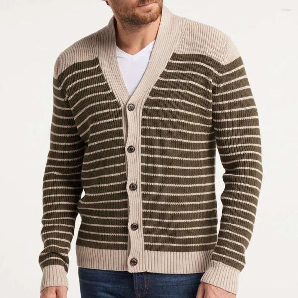 Chaquetas de hombre con cuello en V Chaqueta de suéter delgada Otoño/Invierno Jacquard a rayas Ropa de hombre Ropa de abrigo de manga larga Abrigos