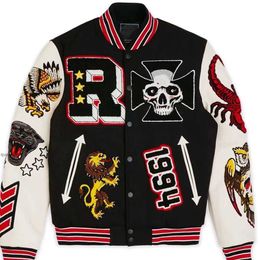 Chaquetas para hombres Varsity para hombres cosido Letterman Skull Sports Collar de béisbol Manga de cuero Streetwear Hip Bomber Peace Tops Abrigos Embriodery