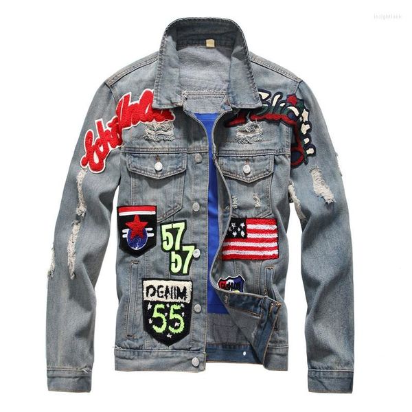 Vestes pour hommes Viankani Men's American Flag Badge Patch Design Slim Denim Jacket Vintage Vintage Patchwork Ripped Disted Coat