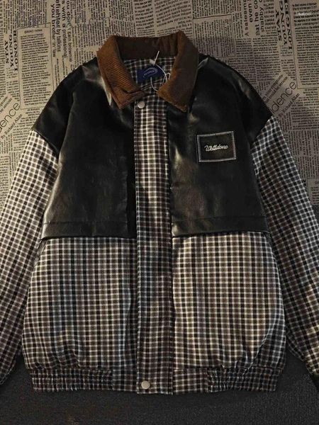Chaquetas para hombres Vinatge Abrigo acolchado American Retro Negro Blanco Patchwork Pu Cuero Plaid Parkas Unisex Kpop Varsity Jacket