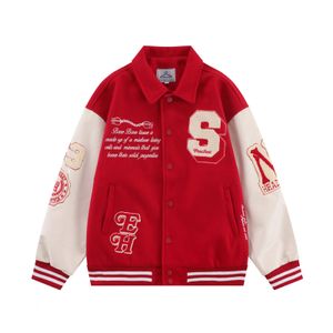 Chaquetas para hombres Vintage Béisbol Varsity Chaqueta Hombres Mujeres Flocado Bordado Letra Hueso Patchwork PU Chaquetas de cuero Rojo Abrigo de gran tamaño Otoño 231211