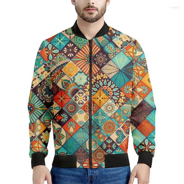 Vestes pour hommes Vintage Bohemian 3D Veste imprimée pour hommes Femmes Flower Match Sweatshirts Tops Long Manches Bomber Zipper Coats masculins Vêtements