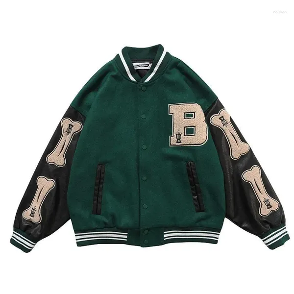 Chaquetas para hombres Vintage Bone Varsity Chaqueta Hombres Manga de cuero Peluche Letterman Bombardero de mujer Hip Hop Abrigo Béisbol Oversize Verde Púrpura