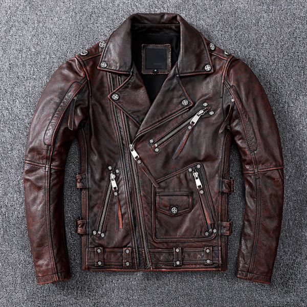 Chaquetas para hombres chaqueta de cuero de motocicleta marrón vintage hombres naturales genuinos de vaca otoño otoño fit biker's ooblique cripper abrigo 230814