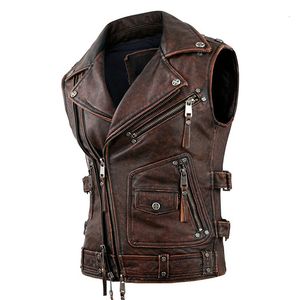 Men S Jackets Vintage Brown Motorcycle Vesten Mannen Natuurlijk koehide Echt lederen jas Mouwloze rijvestmotor Biker 230522