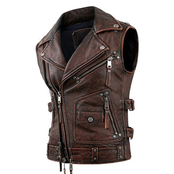 Vestes pour hommes Vintage marron gilets de moto hommes en cuir de vachette naturel veste en cuir véritable sans manches gilet d'équitation pour hommes vestes de motard 230809