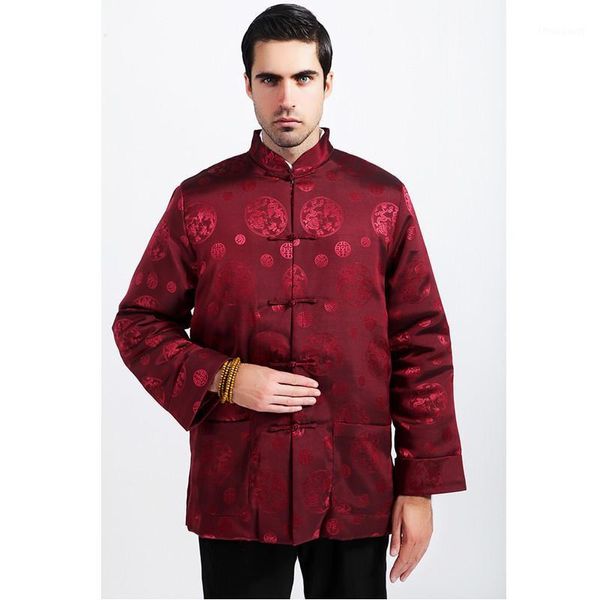 Vestes pour hommes Vintage Bourgogne Chinois Hommes Soie Satin Manteau Hiver Épais Coton Rembourré Veste Chaud Pardessus Taille M L XL XXL XXXL